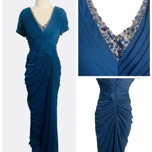 Adrianna Papell Blue Short Sleeve Formal Evening Gown Sz 14P